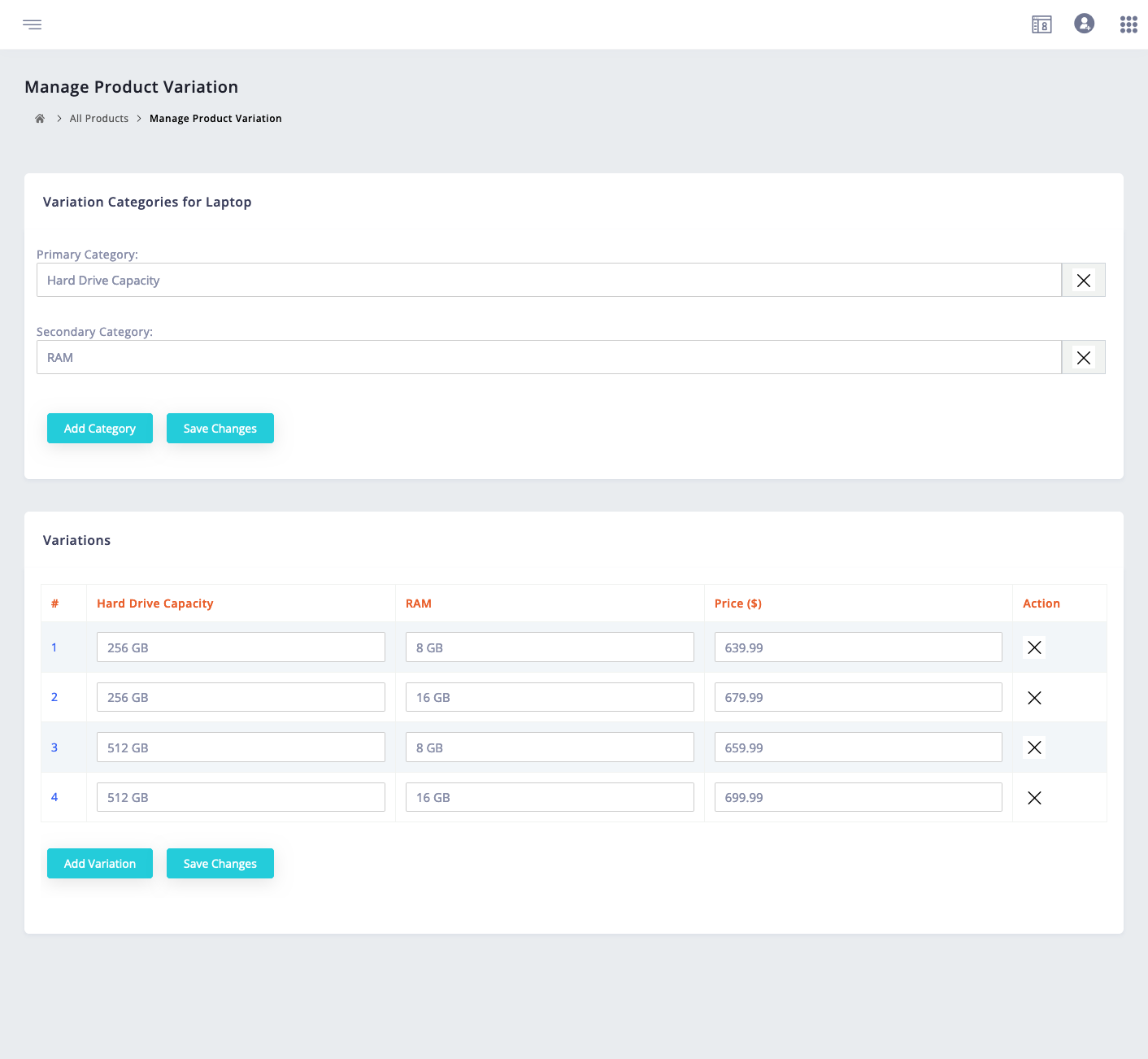 e2c demo manage product variations screenshot