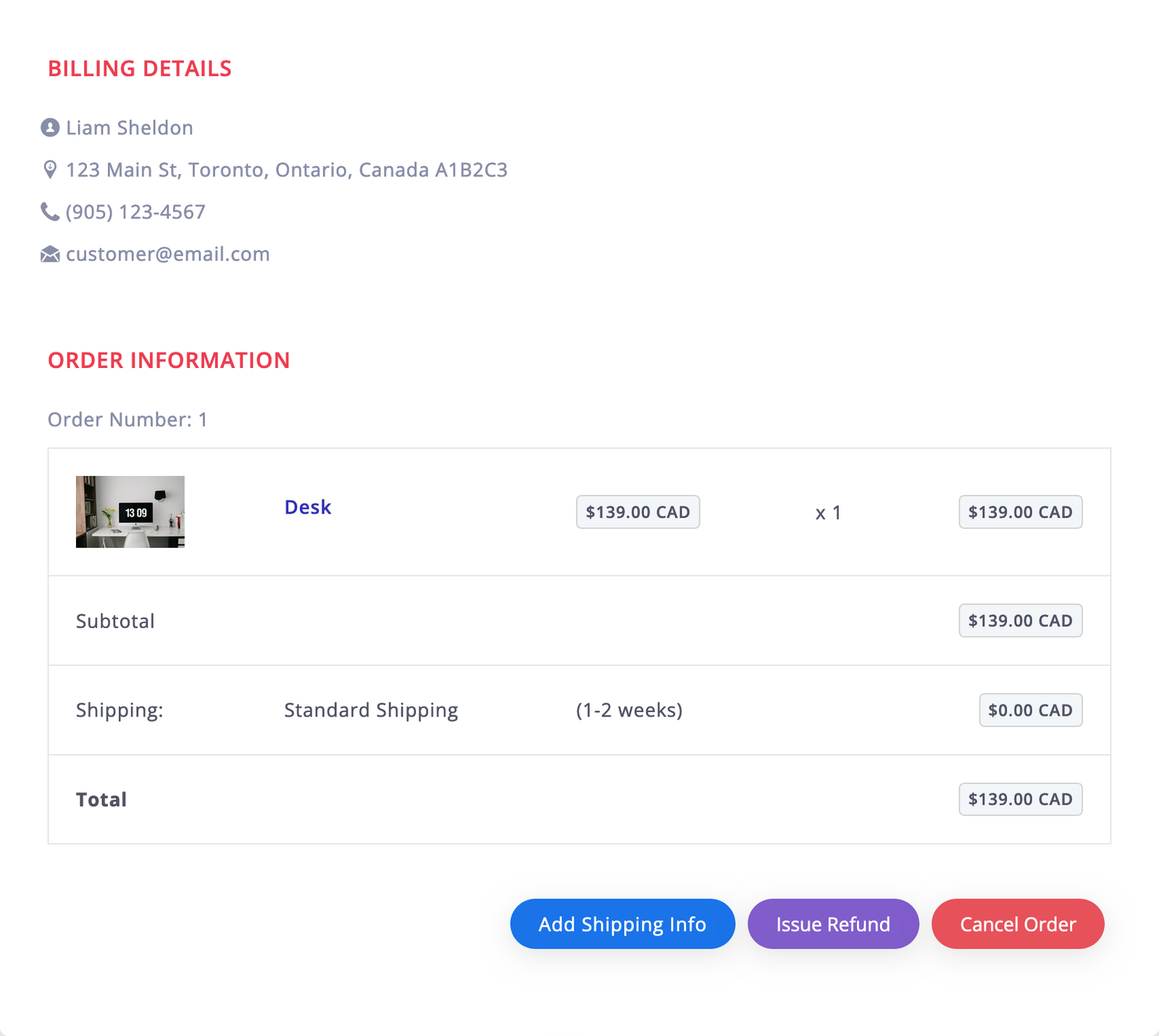 e2c demo order details screenshot