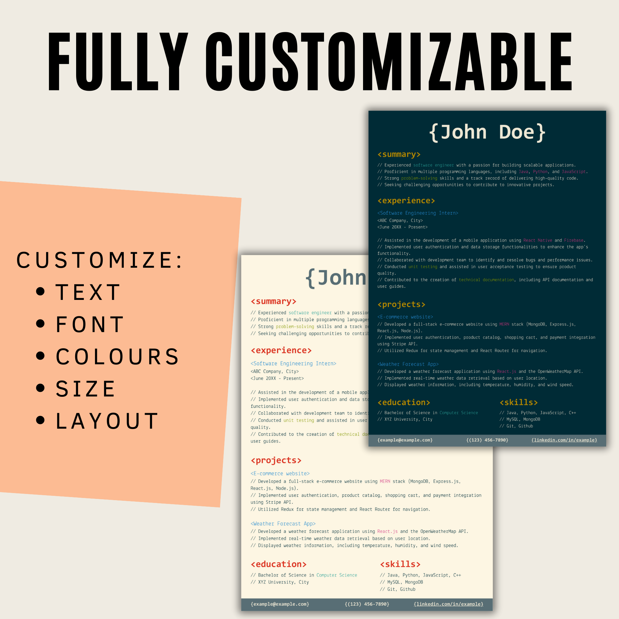 Code Editor Style Resume Template (Light + Dark)