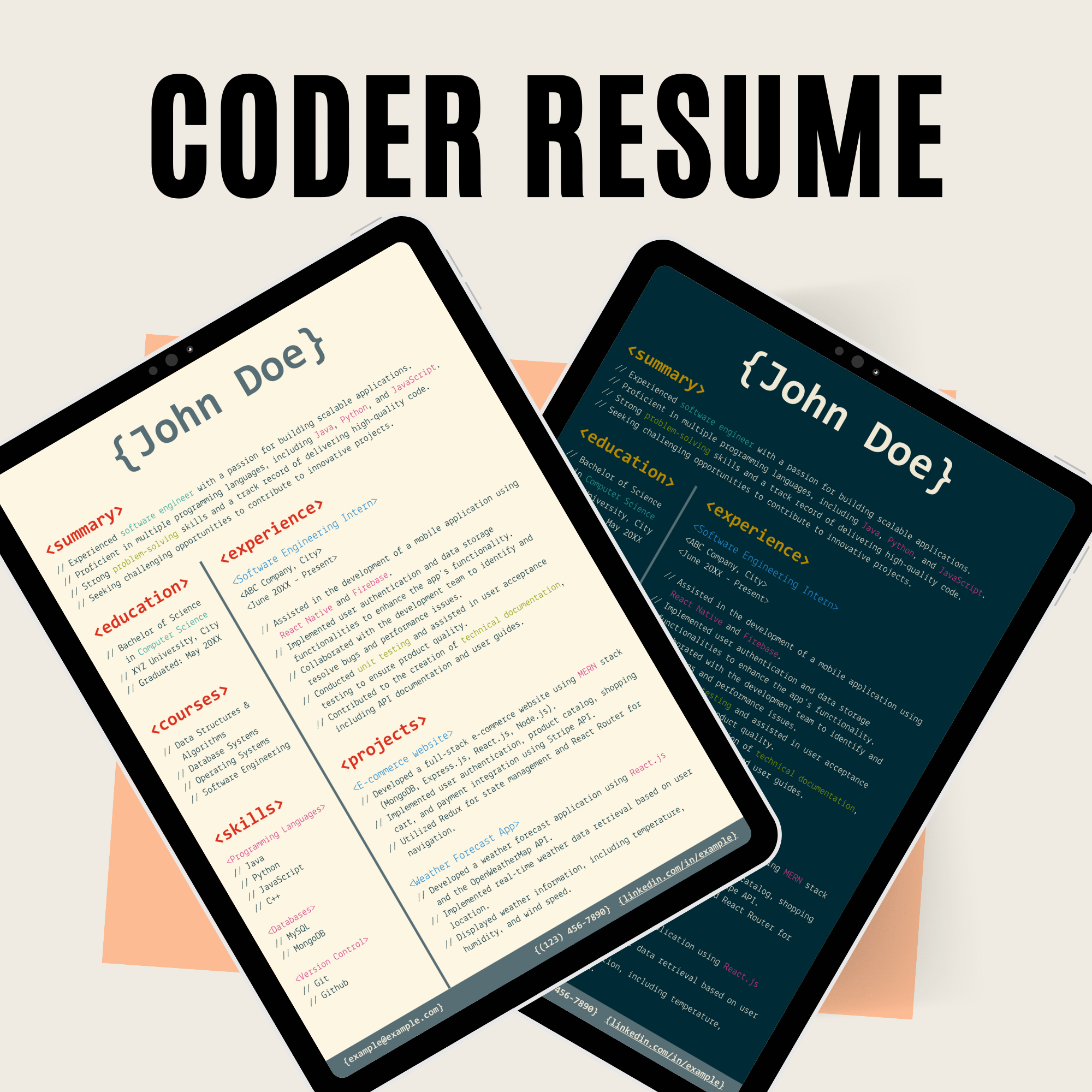 Code Editor Style Resume Template (Light + Dark)