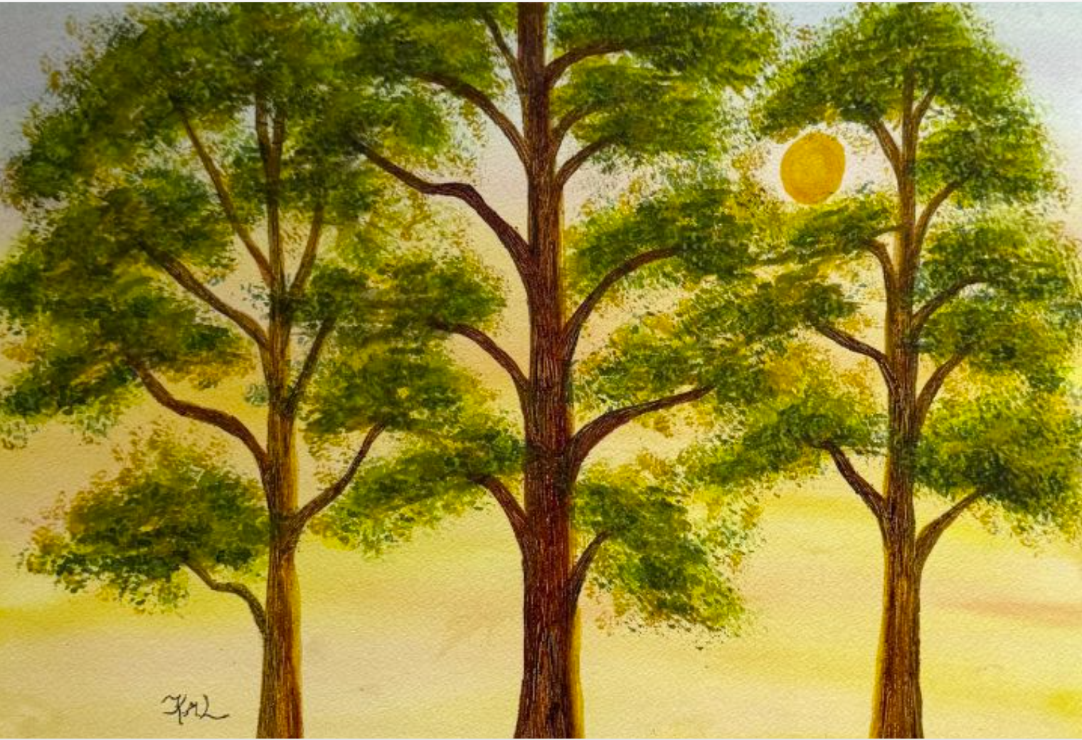 Painting Watercolor Trees Forest Sunrise Green Art