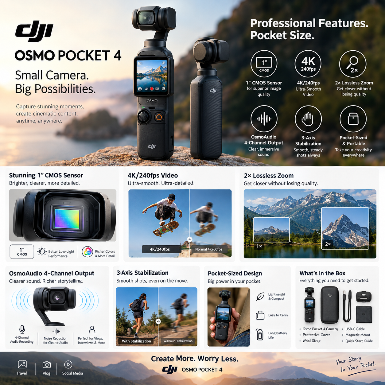 DJI Osmo Pocket 4 Pocket Vlog Camera 1" CMOS & 4K/