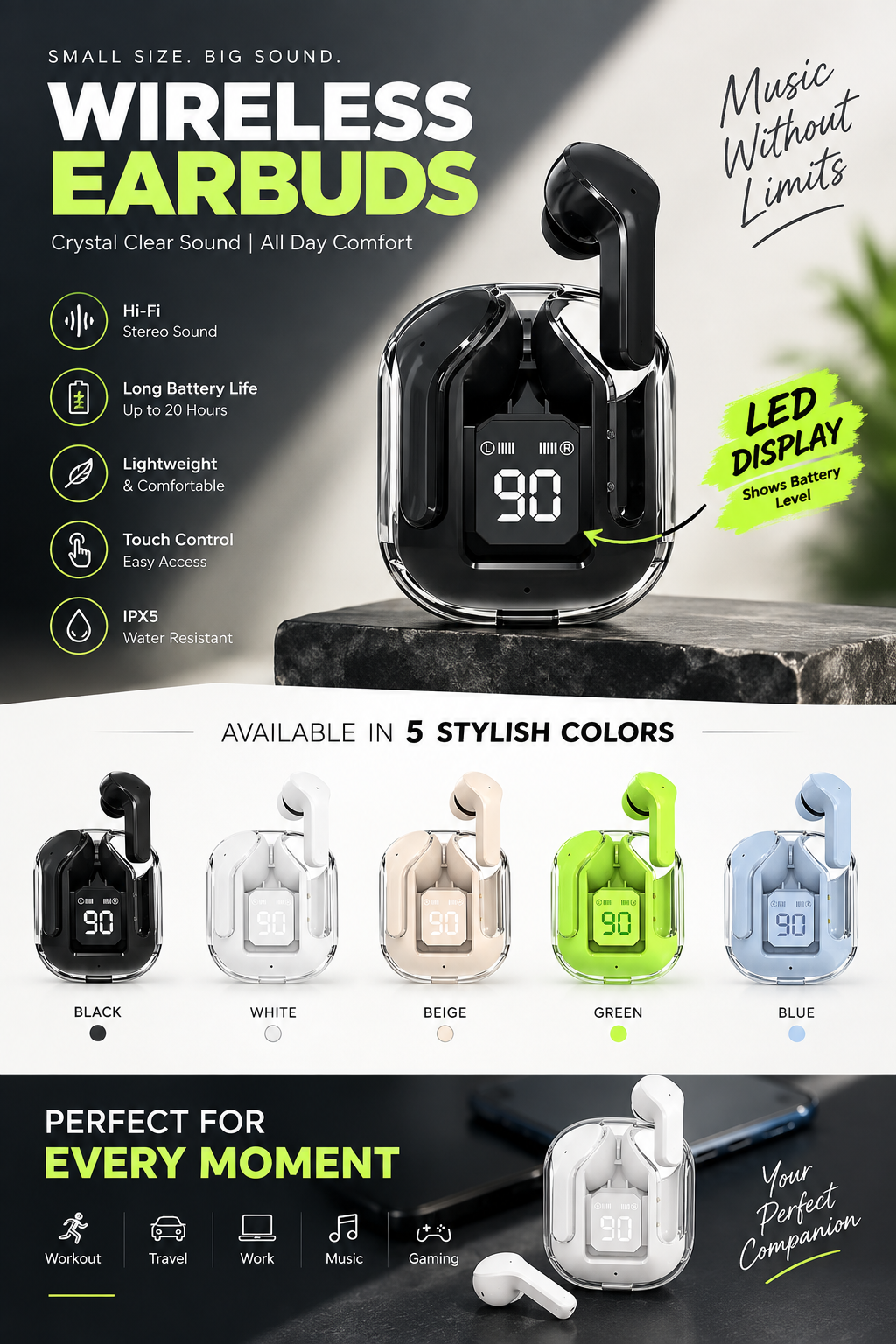 Wireless Bluetooth Earbuds - Touch Control, Noise