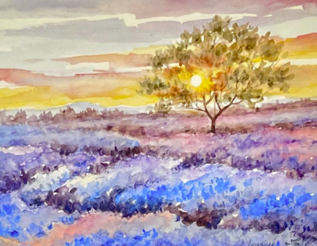 Painting Watercolor Tree Sunset Lavender Blue Pink