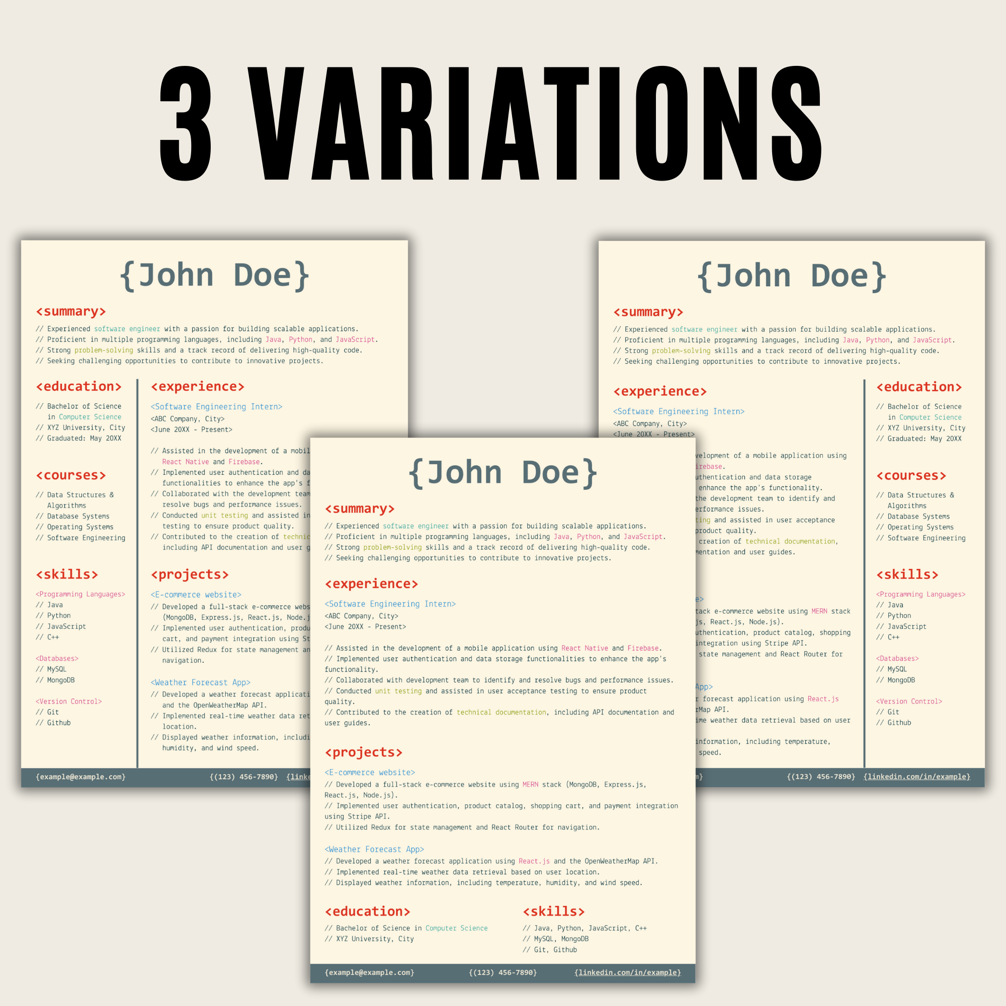 Code Editor Style Resume Template (Light + Dark)