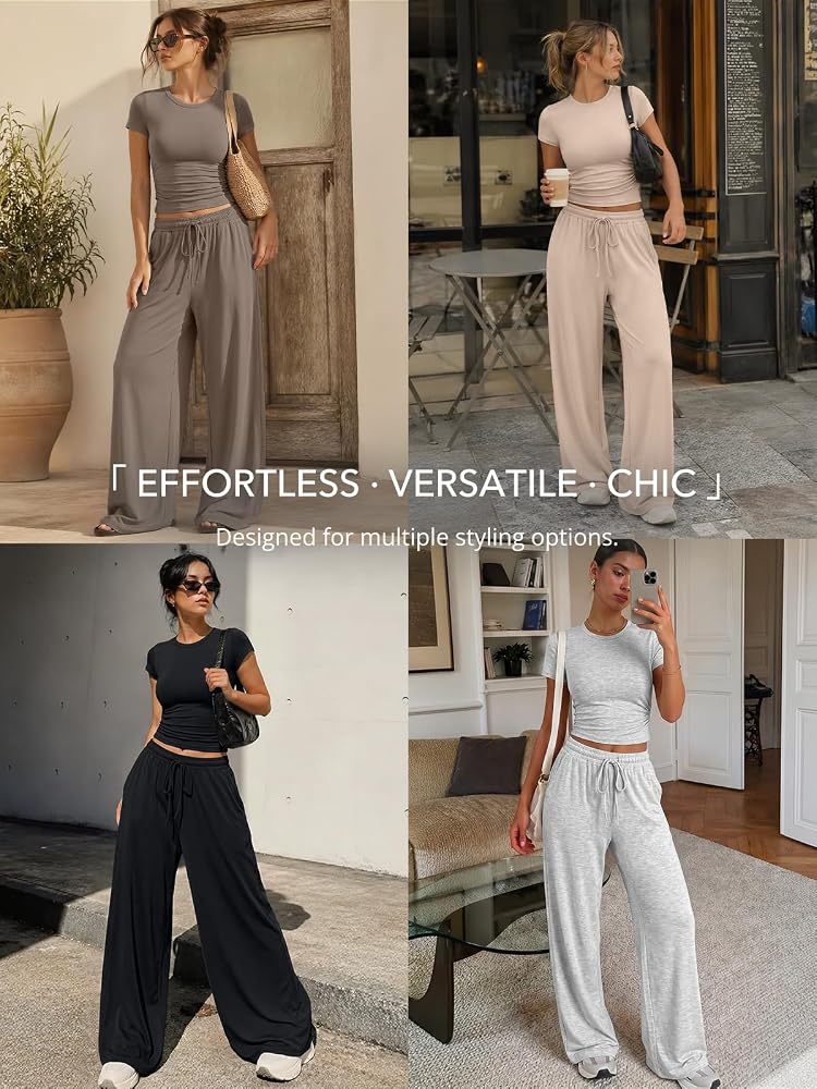 Ribbed Wide-Leg Lounge Set Ruched Crop Top