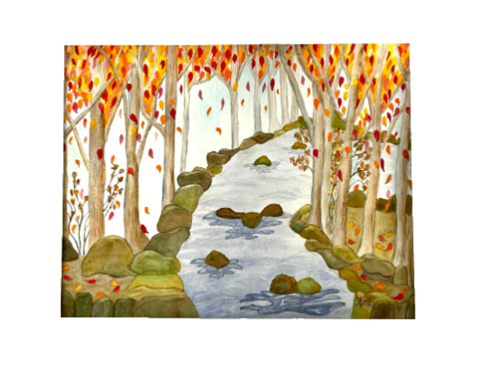 Painting Watercolor Landscape Trees Autumn Stream