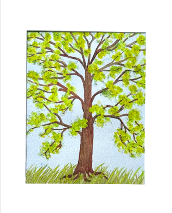 Painting Watercolor Tree Landscape Green Yellow