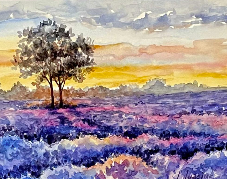 Painting Watercolor Tree Sunrise Landscape Purple