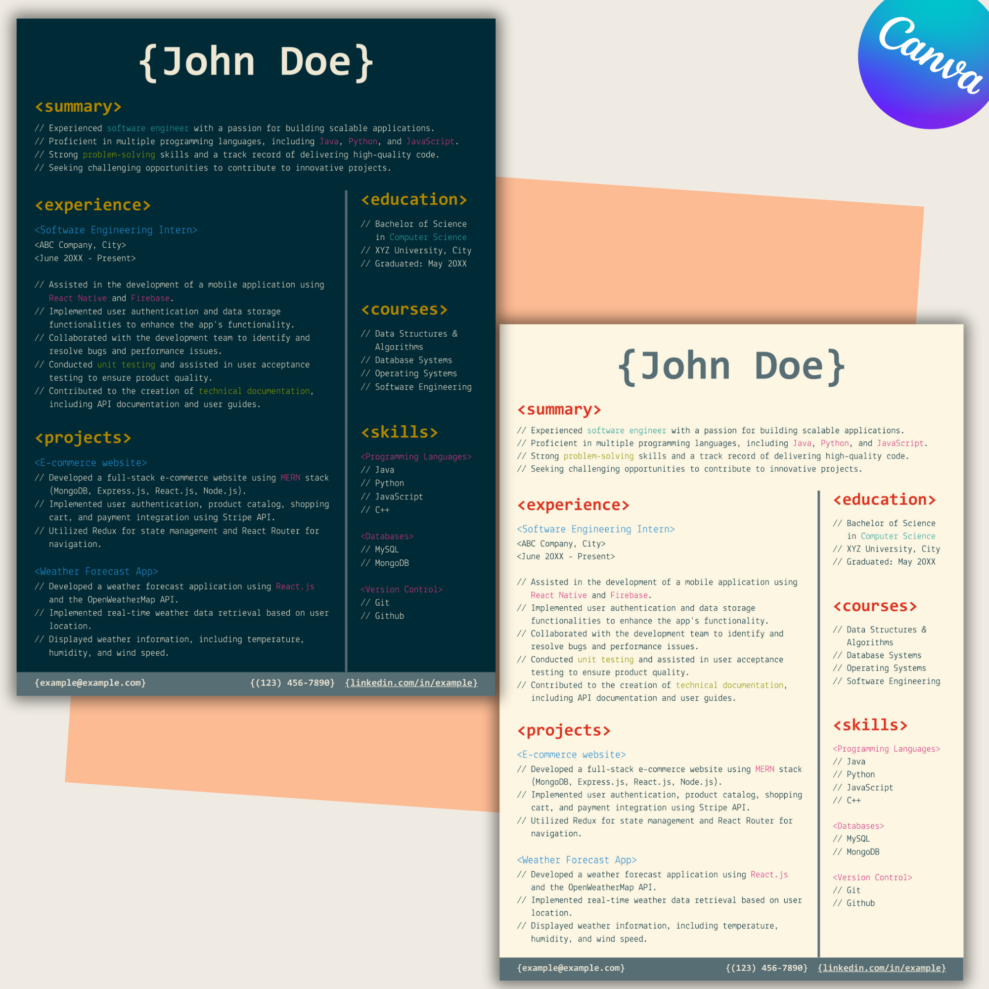 Code Editor Style Resume Template (Light + Dark)
