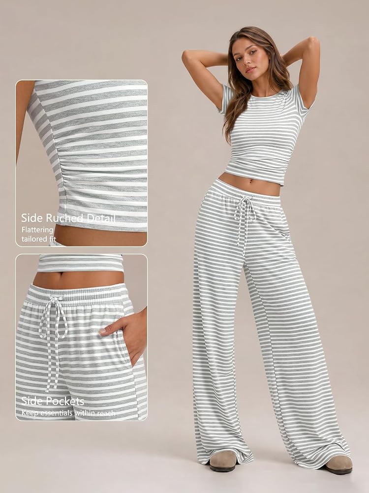 Ribbed Wide-Leg Lounge Set Ruched Crop Top