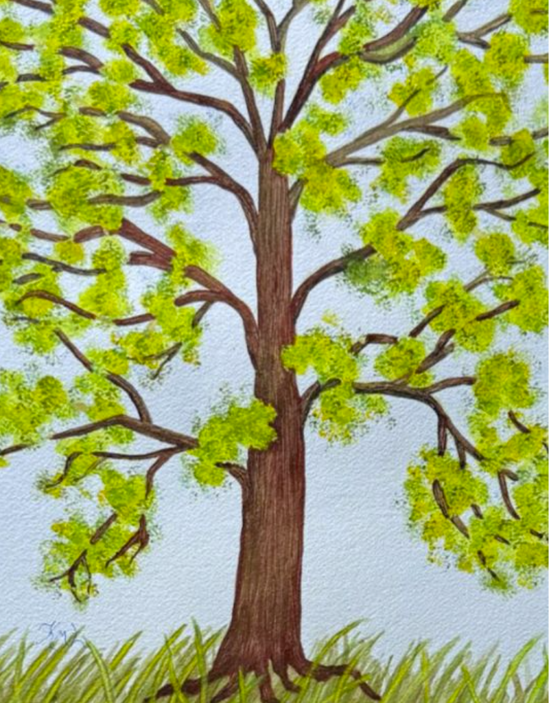 Painting Watercolor Tree Landscape Green Yellow