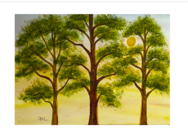 Painting Watercolor Trees Forest Sunrise Green Art