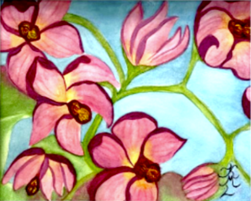 Painting Watercolor Flower Orchid Pink Green Art