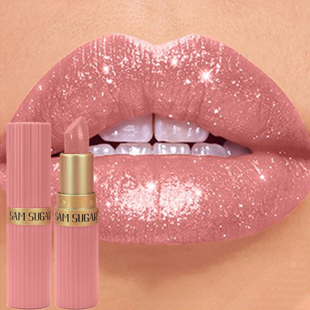 Nude Pink Luxurious Metallic Glitter Lipstick Long