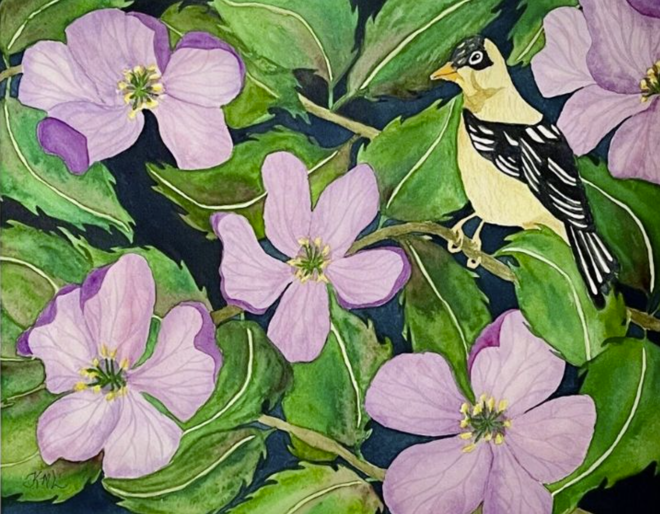 Painting Watercolor Flower Cherry Bird Finch Pink