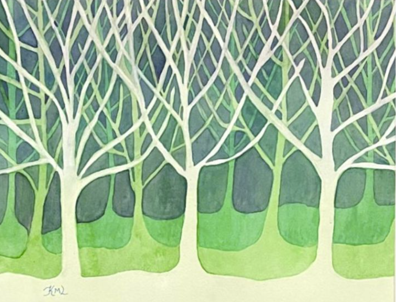 Painting Watercolor Trees Landscape Forest Green