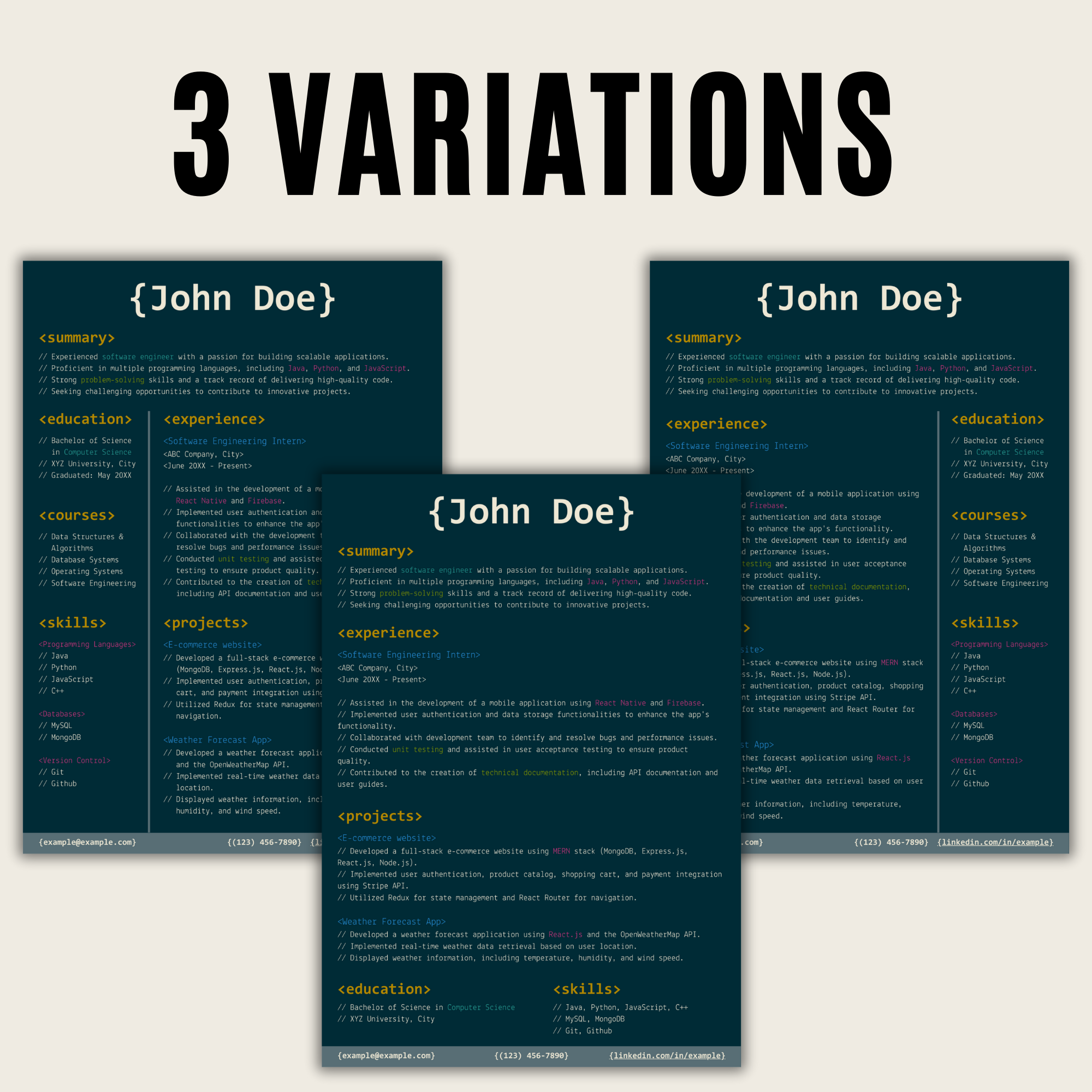 Code Editor Style Resume Template (Light + Dark)