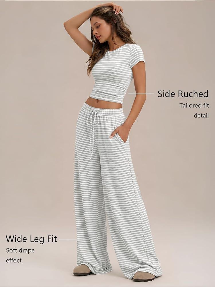 Ribbed Wide-Leg Lounge Set Ruched Crop Top