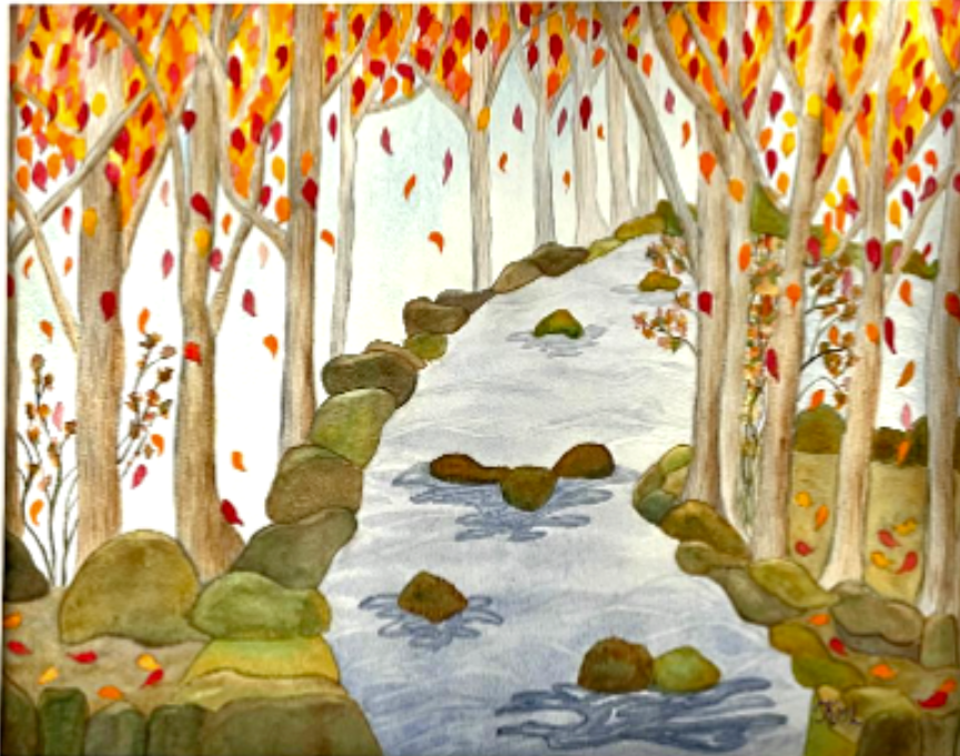 Painting Watercolor Landscape Trees Autumn Stream
