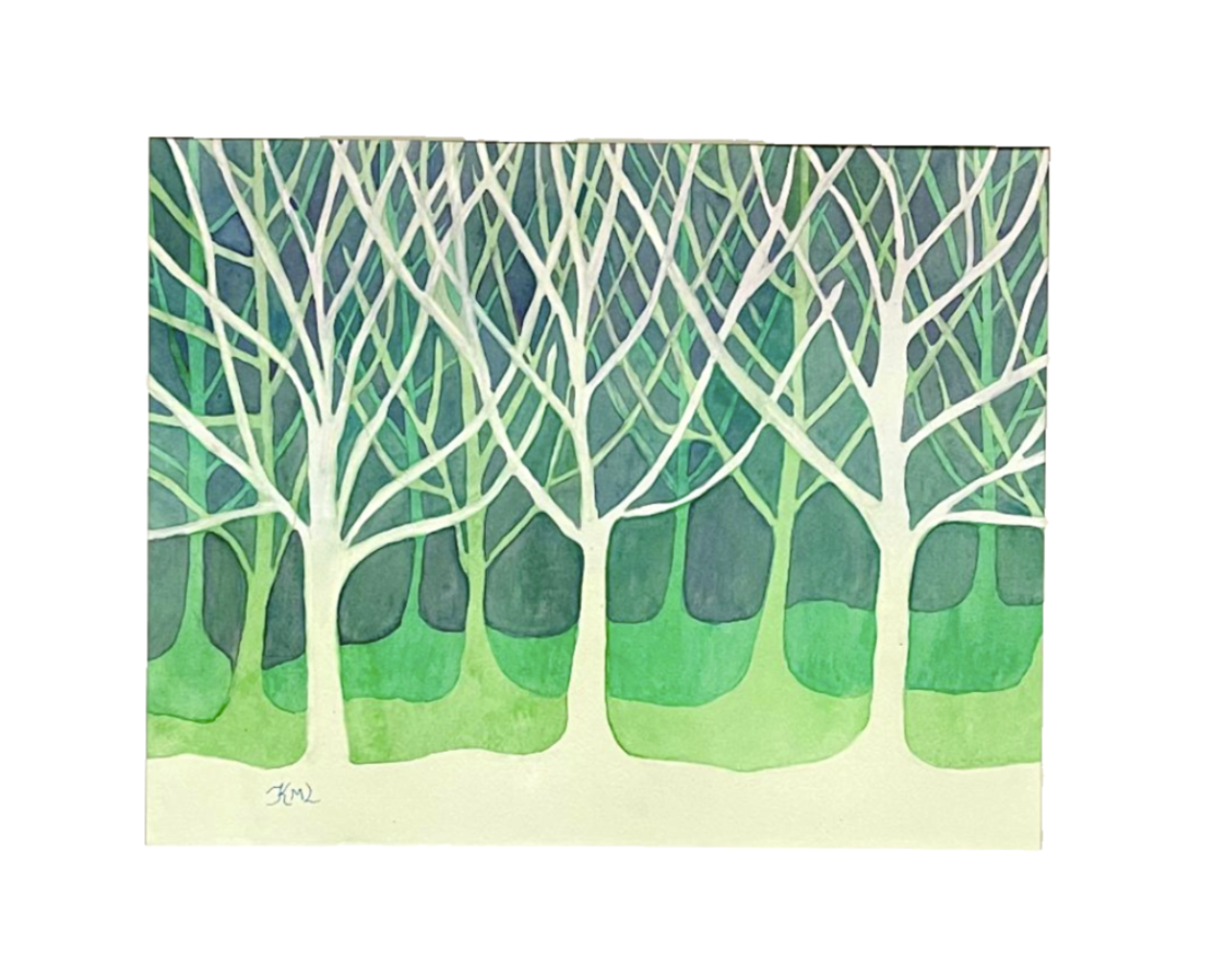 Painting Watercolor Trees Landscape Forest Green