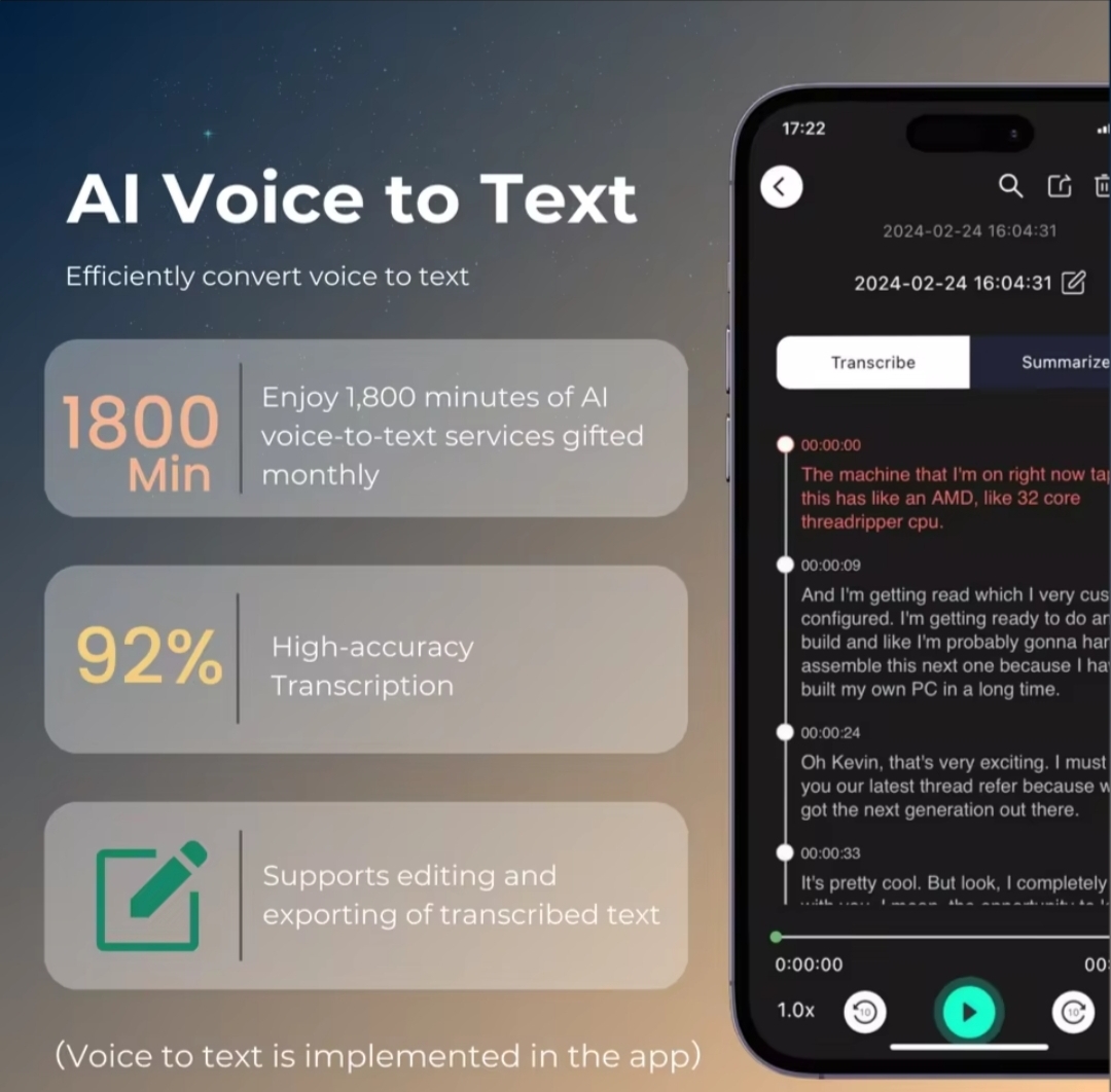 AI Voice Recorder 64GB with Speech-to-Text